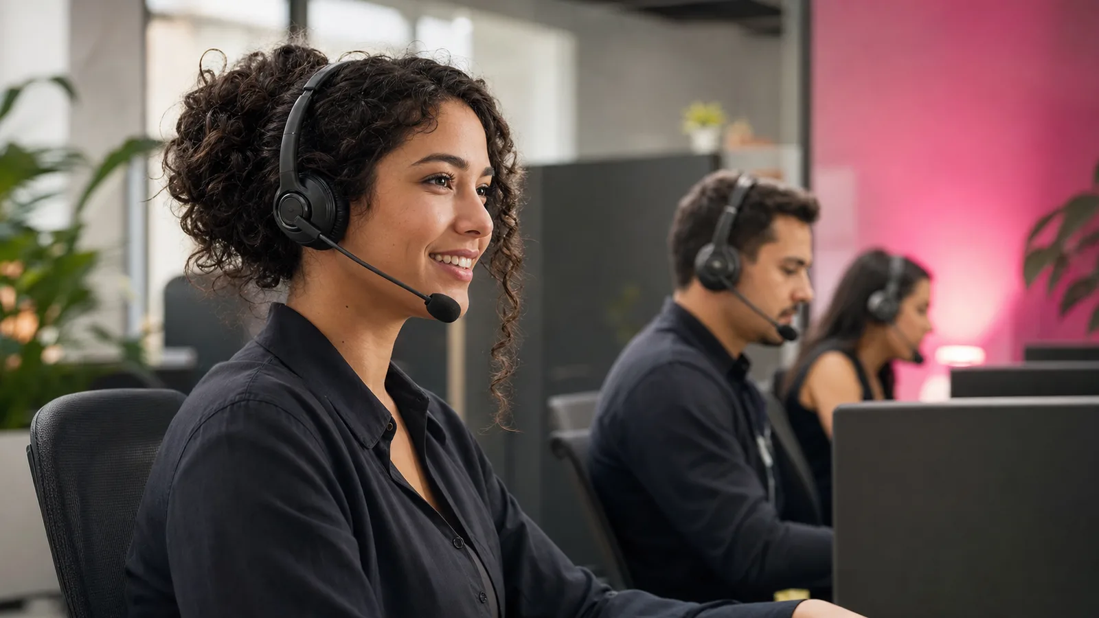 Equipe de atendimento corporativo utilizando headsets em uma operação de telefonia VoIP